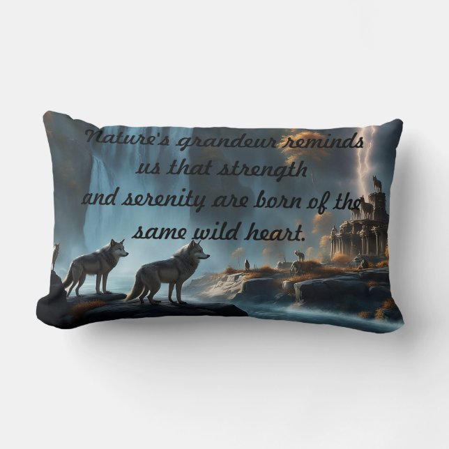Wild Wolves at the Waterfall Oasis Lumbar Cushion (Front)