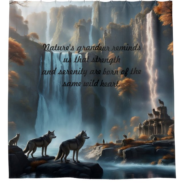 Wild Wolves at the Waterfall Oasis Pillar Candle Shower Curtain (Front)