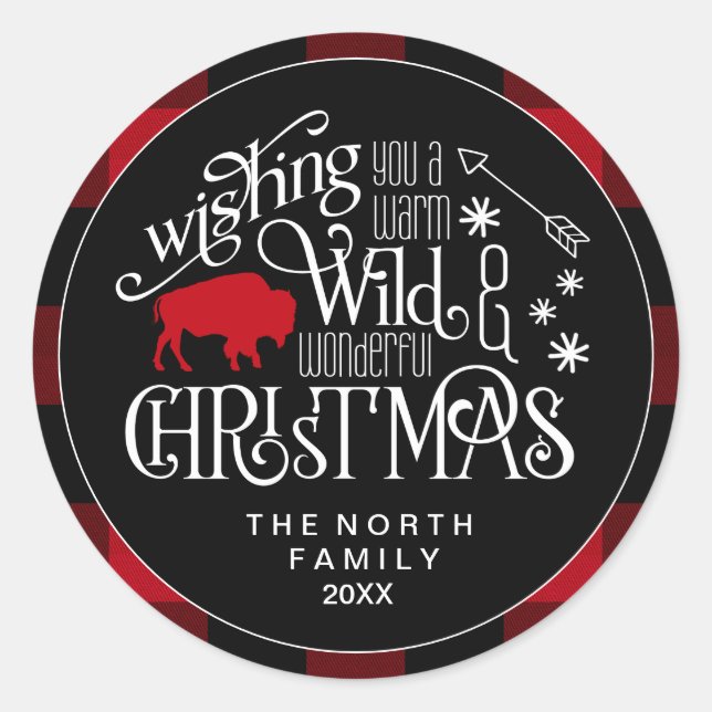 Wild Wonderful Christmas Red & Black Buffalo ID604 Classic Round Sticker (Front)