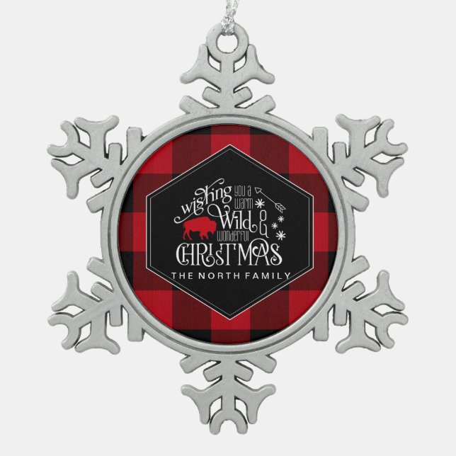 Wild Wonderful Christmas Red Buffalo Plaid ID604 Snowflake Pewter Christmas Ornament (Front)