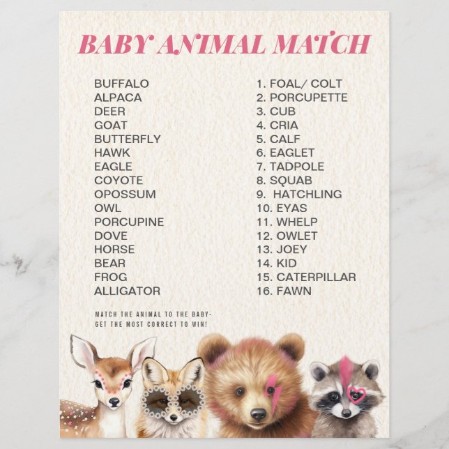 Wild Woodland Animals Baby Shower Match Game (Front)