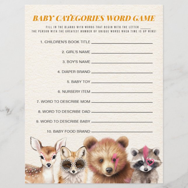 Wild Woodland Baby Shower Categories Word Game (Front)