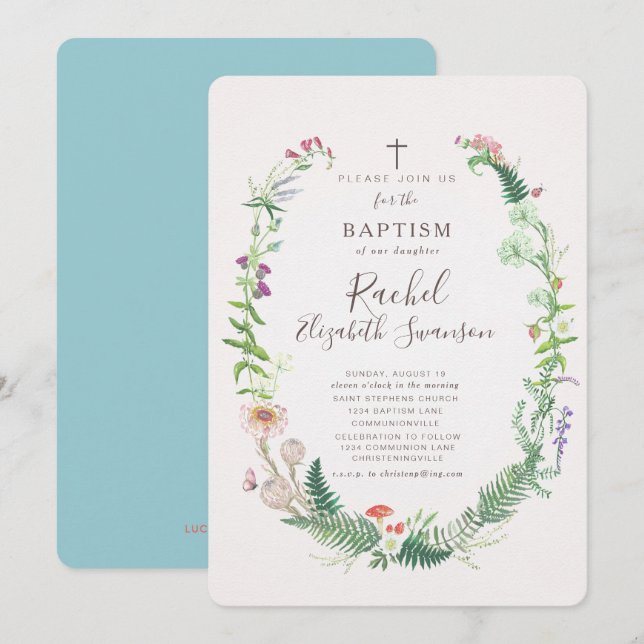 Wild Woodland Flowers Baptism Invitation (Front/Back)