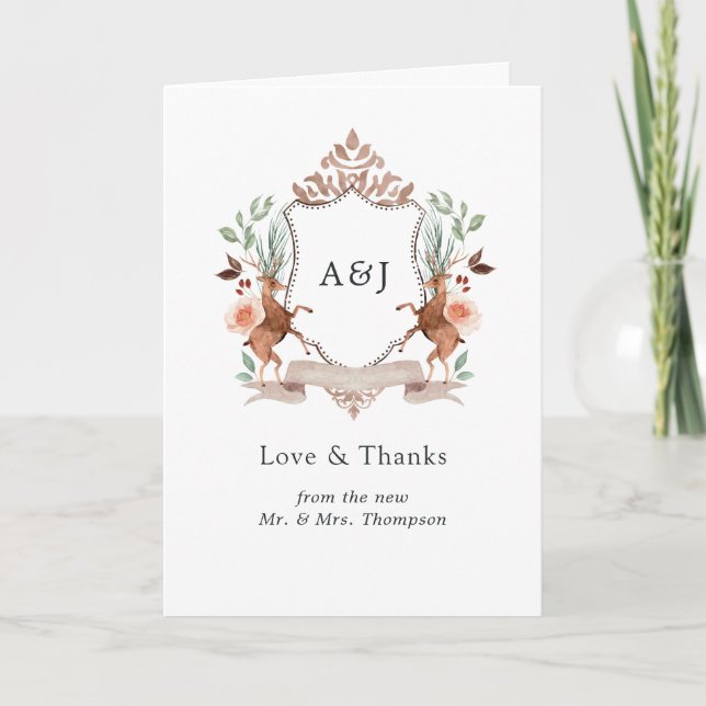 Wild Woodland Laurel Crest Monogram Wedding Photo Thank You Card (Front)