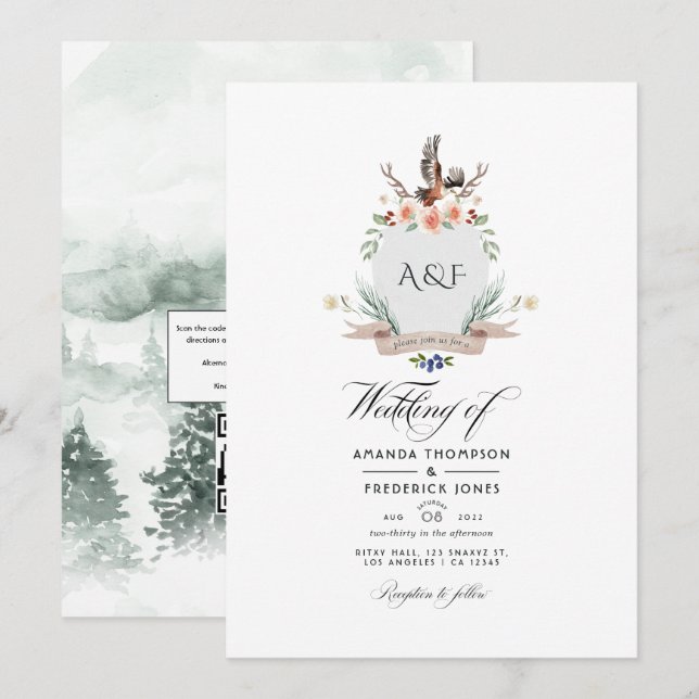 Wild Woodland Laurel Crest QR Code RSVP Wedding Invitation (Front/Back)