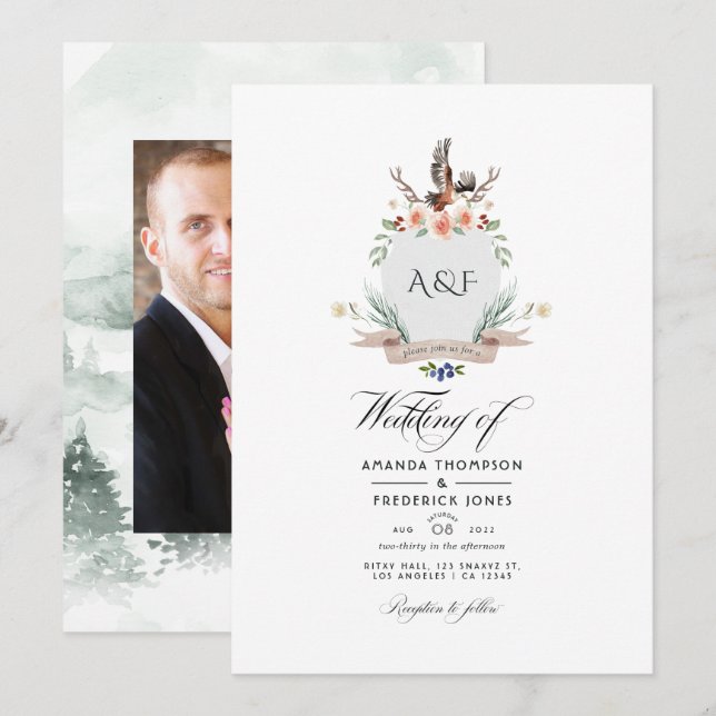 Wild Woodland Laurel Crest Wedding Photo Invitation (Front/Back)
