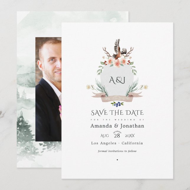 Wild Woodland Laurel Crest Wedding Photo Save The Date (Front/Back)