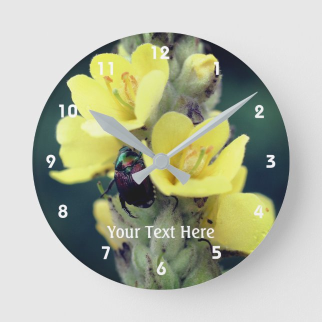 Wild Yellow Mullein Flower And Beetle Personalised Round Clock (Front)