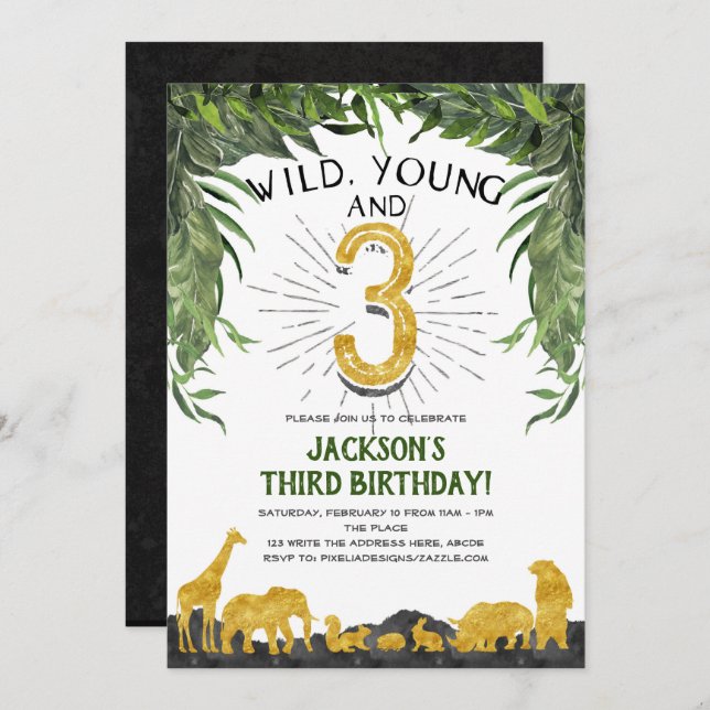 Wild young and three, Jungle animal, 3rd birthday Invitation (Front/Back)
