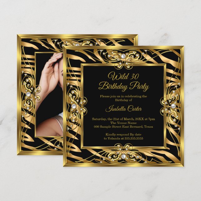 Wild Zebra Gold Black Pearl Photo 30th birthday Invitation (Front/Back)