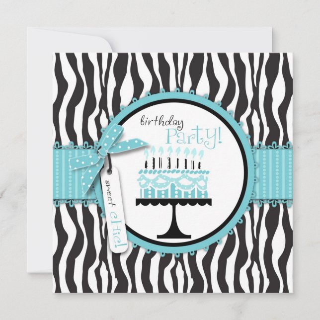 Wild Zebra Print & Birthday Cake Blue Invitation (Front)