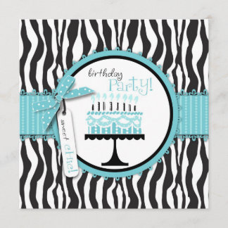 Wild Zebra Print & Birthday Cake Blue Invitation