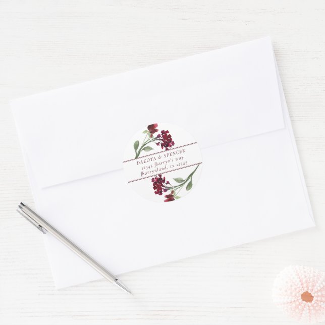 Wildbloom | Crimson Red Bohemian Return Address Classic Round Sticker (Envelope)