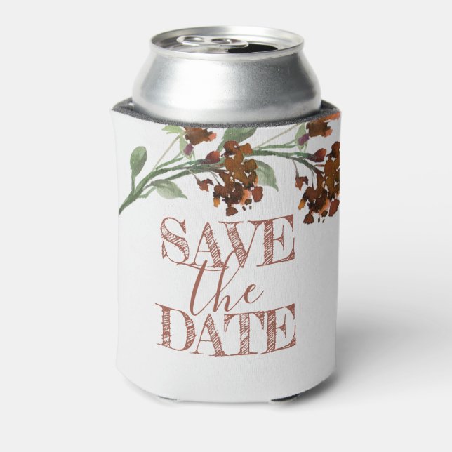 Wildbloom | Terracotta Orange Flower Save the Date Can Cooler (Can Back)