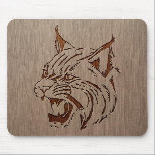 Wildcat illustration engraved on wood design mouse mat