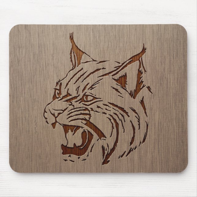 Wildcat illustration engraved on wood design mouse mat (Front)