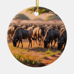 Wildebeest in savannah ceramic tree decoration