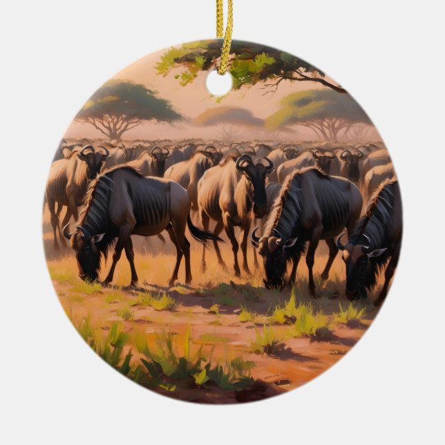 Wildebeest in savannah ceramic tree decoration (Front)