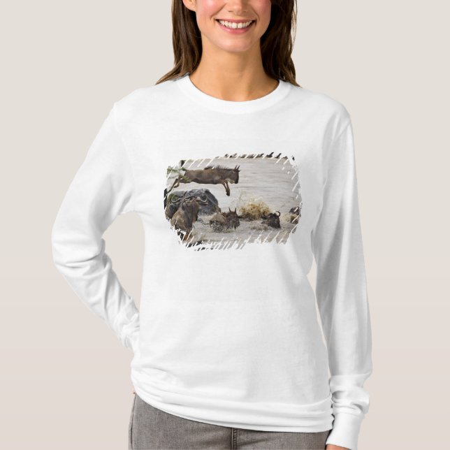 Wildebeest jumping into Mara River T-Shirt (Front)