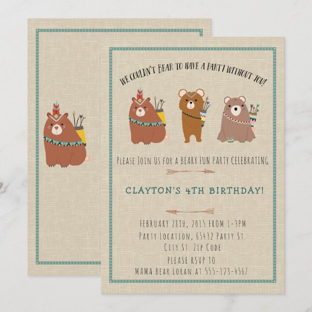 Wilderness, Boho Bears Birthday Party Invitations (Front/Back)