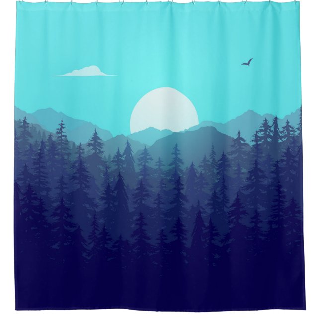 Wilderness Forest Sunrise Vintage Illustration Shower Curtain (Front)