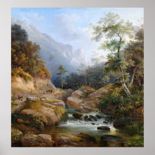 Wilderness Hikers Mountain Stream Waterfall Poster