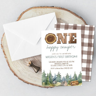 Wilderness One Happy Camper Boy's 1st Birthday Invitation