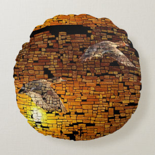 Wilderness Sunset Ducks On Stone Background Round Cushion