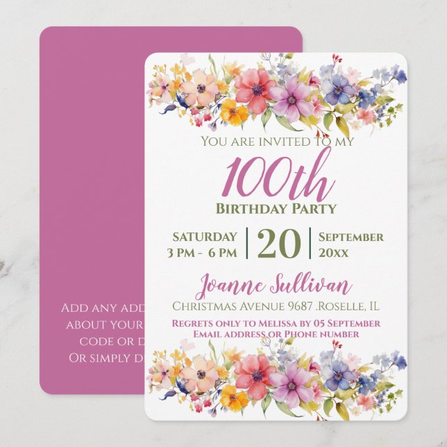Wildflower 100th Birthday Invitation (Front/Back)