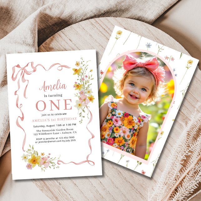 Wildflower 1st Birthday Photo Pink Coquette Bow  Invitation (Creator Uploaded)