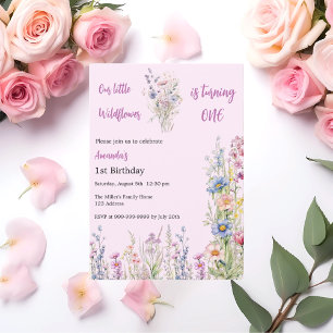 Wildflower 1st Birthday pink purple girl Invitation