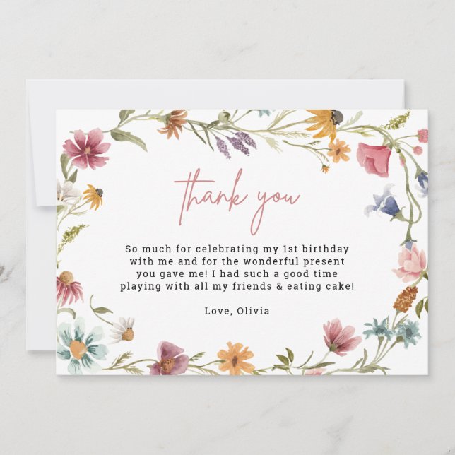 Wildflower 1st Birthday Printable Thank You Cards (Front)
