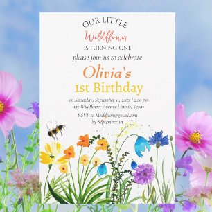 Wildflower 1st First Birthday Red Blue Floral  Invitation