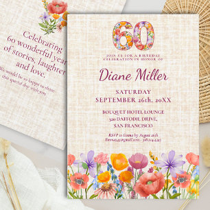 Wildflower 60th Birthday Party - Floral Number Invitation