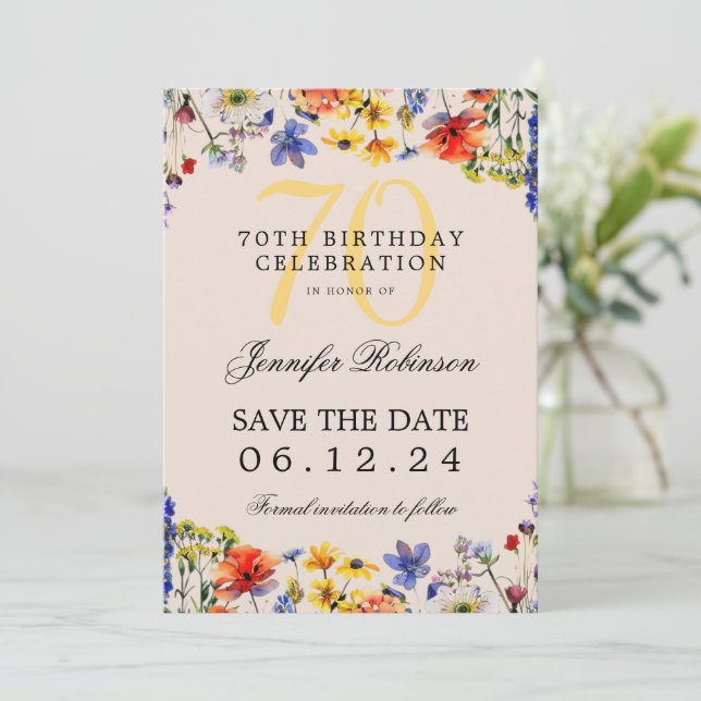 Wildflower 70 Birthday Save Date Details Champagne Invitation (Standing Front)