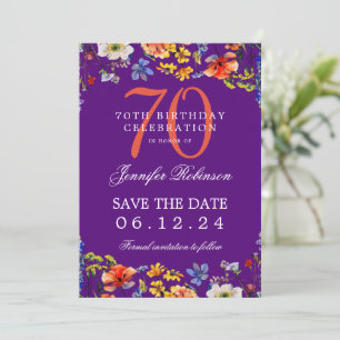 Wildflower 70th Birthday Save Date Details Purple  Invitation