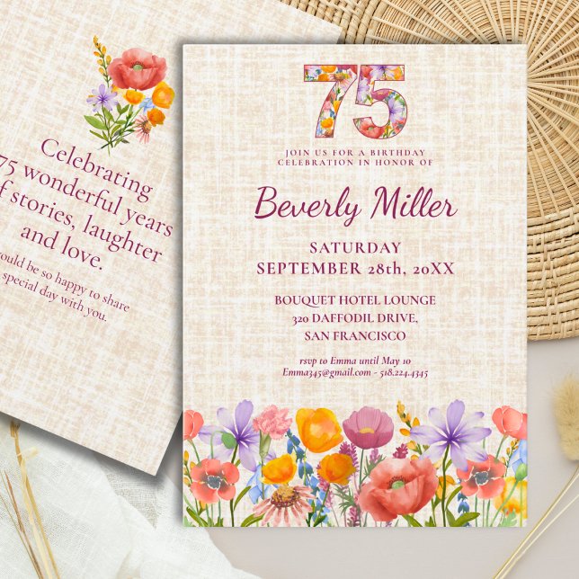 Wildflower 75th Birthday Party - Floral Number  Invitation (Creator Uploaded)