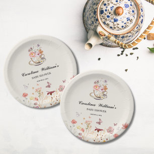 Wildflower a baby is brewing tea party baby shower paper plate