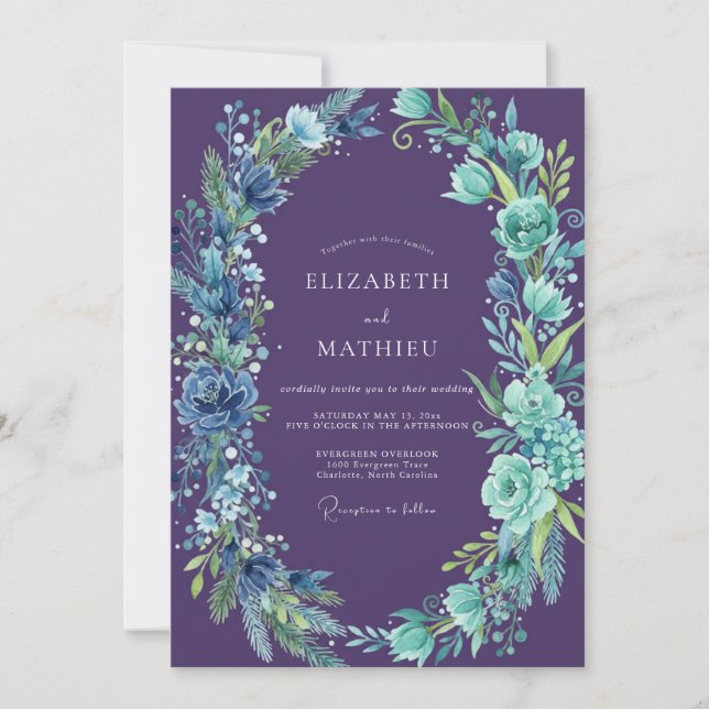 Wildflower Amethyst Cyan Leafy Wedding Invitation (Front)