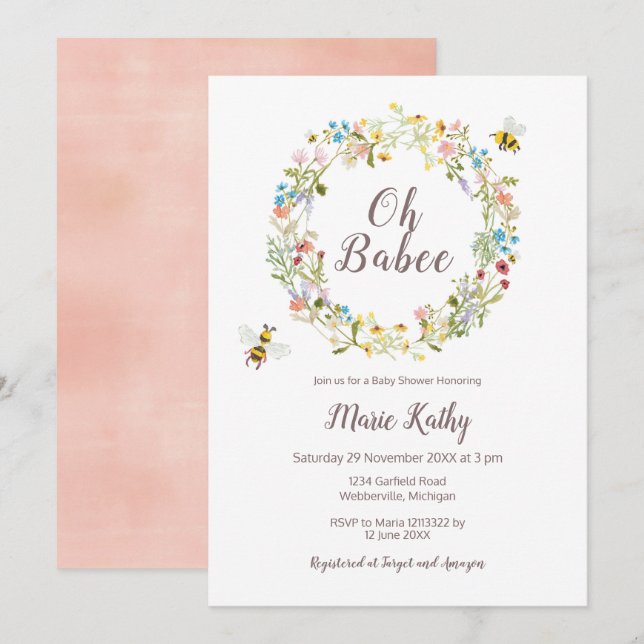 Wildflower and Bees Baby Shower Invitation (Front/Back)