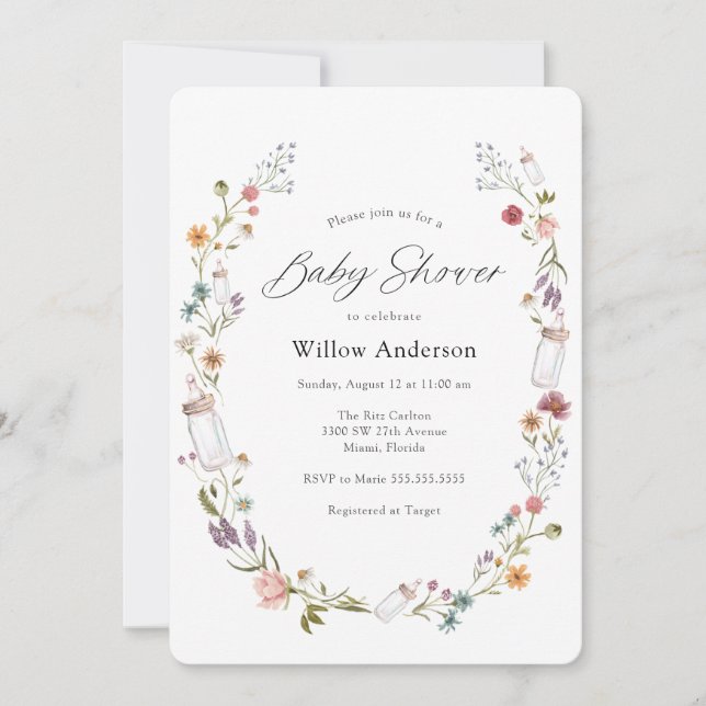 Wildflower and Bottle Wreath Baby Shower Invitation (Front)