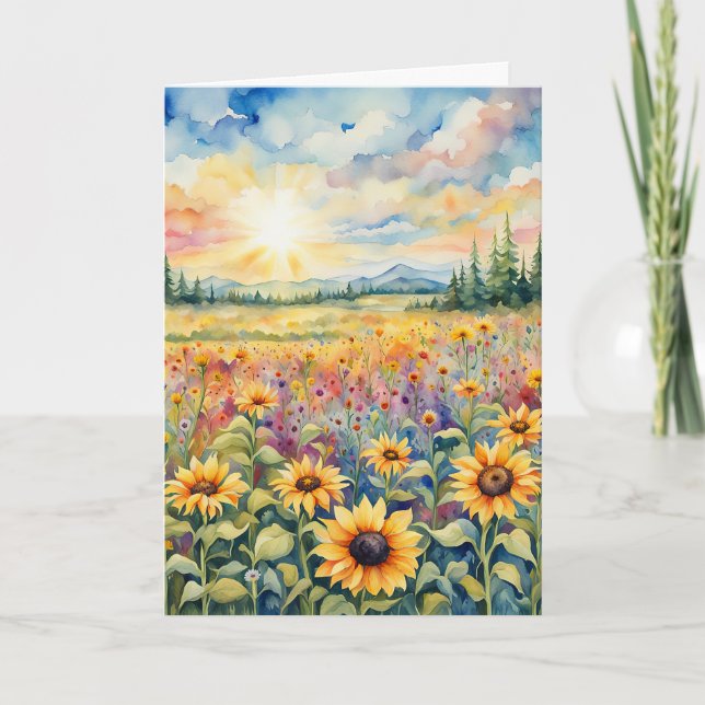 Wildflower and Sunflower Field Birthday Card (Front)