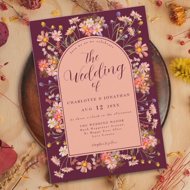 Wildflower Arch Burgundy Fall Wedding Invitation (Elegant floral arch burgundy fall wedding invitation with watercolor wildflowers )