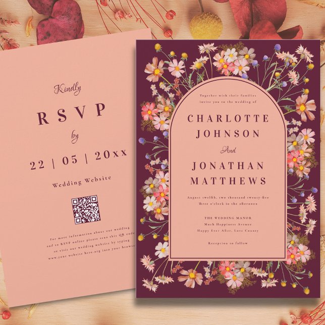 Wildflower Arch Burgundy Fall Wedding Invitation (Wildflower arch elegant burgundy fall wedding invitation peach burnt orange terracotta purple yellow)