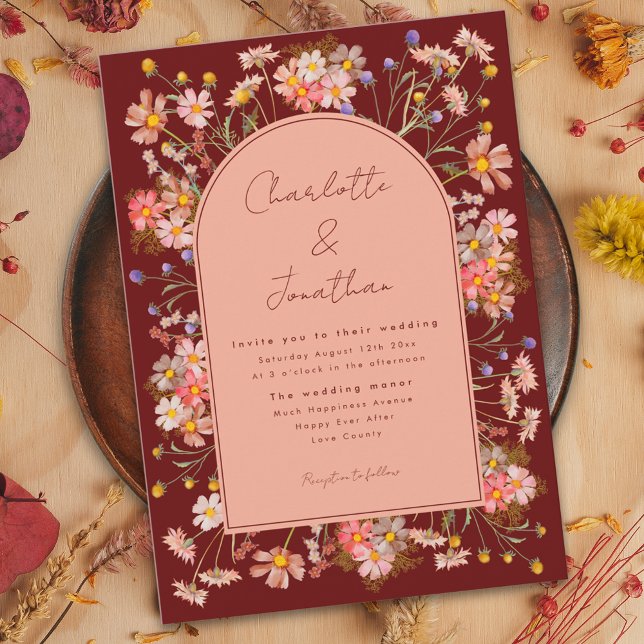 Wildflower Arch Dark Terracotta Fall Wedding Invitation (Wildflower boho floral arch terracotta burnt orange fall wedding invitation with whimsical script )