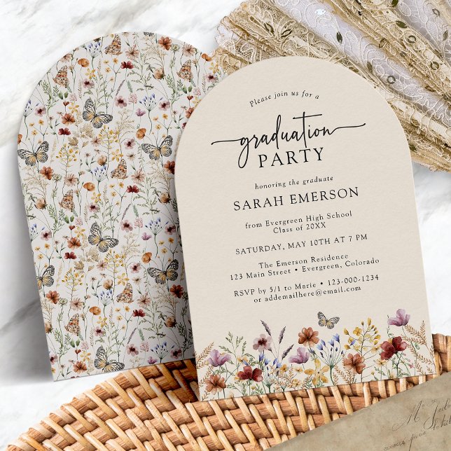 Wildflower Arch Graduation Invitation (Wildflower Boho Watercolor  Arch Graduation Invitation with Butterfly by Painted Paperie 
)