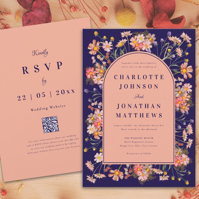 Wildflower Arch Navy Blue Fall Wedding Invitation (Wildflower arch elegant navy blue peach fall wedding invitation with rsvp website qr code)