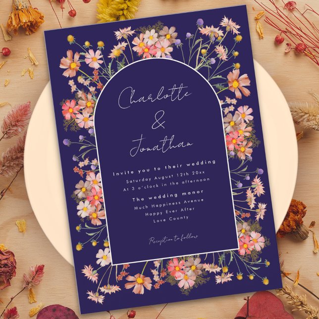 Wildflower Arch Navy Blue Terracotta Fall Wedding Invitation (Wildflower arch boho script navy blue burnt Orange terracotta fall wedding 
Invitation )