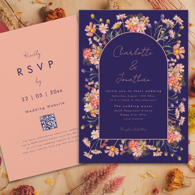 Wildflower Arch Navy Blue Terracotta Fall Wedding Invitation (Wildflower arch navy blue terracotta burnt orange peach fall wedding invitation whimsical script )