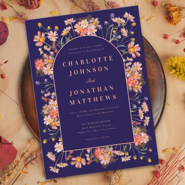 Wildflower Arch Navy Terracotta Fall Wedding Invitation (Wildflower arch elegant script navy blue peach burnt Orange terracotta fall wedding invitation )